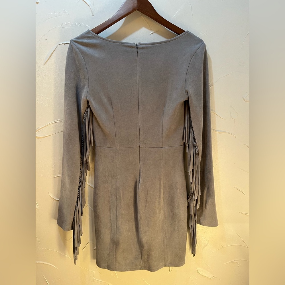 Lulu's Light Gray Fringe V-Neck Suede Mini Dress - Picture 7 of 16